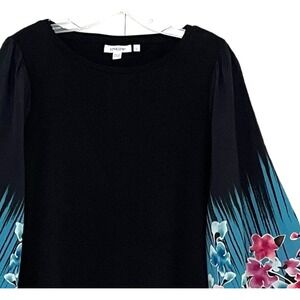 Chicos Womens‎ Blouse M/1 Black Floral 3/4 Bell Sleeve Pullover Comfort Stretch